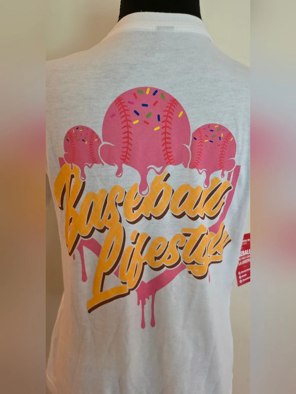 Girl's BASEBALL LIFESTYLE White Short Sleeve Tee w/ Pink & Yellow Logo (Size YL) - Picture 7 of 9